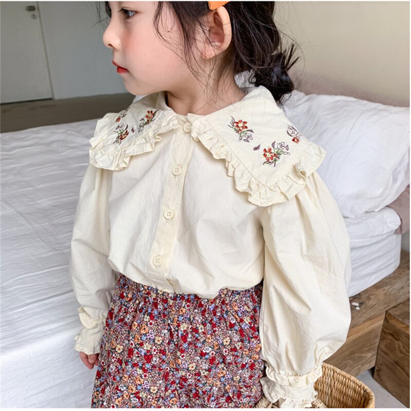 Blusa informal de manga larga con cuello vuelto para Primavera, camisa con bordado de estilo coreano para niñas: 4T