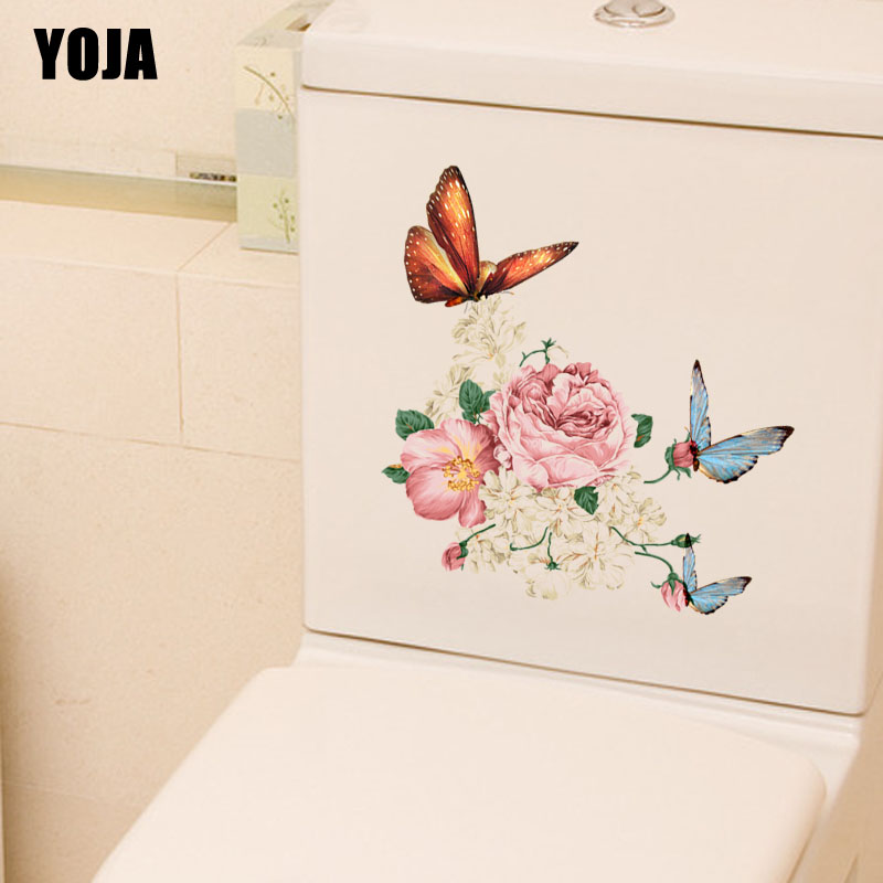 YOJA 21.6X15.2 CM Grappig Muurtattoo Bloemen Vlinder Art Wc Sticker Home Decor Art T3-1234