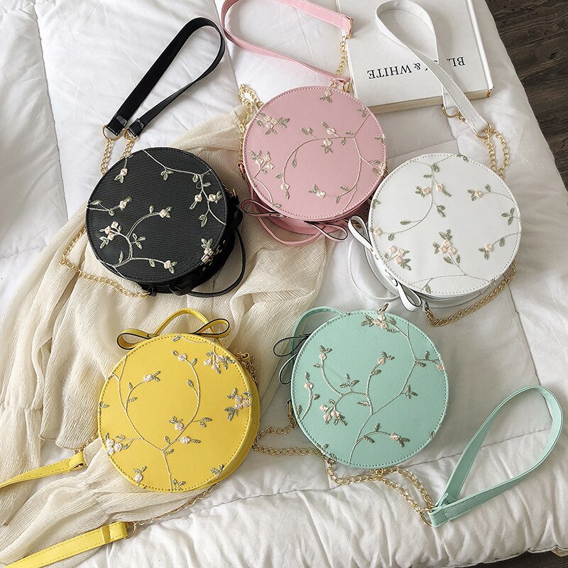 Süße Spitze Runde Handtaschen PU Leder Frauen Umhängetaschen Weibliche Kleine Frische Blume Kette Schulter Weiß