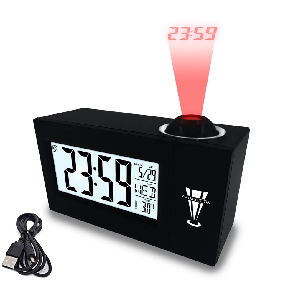 LED Digital Projection Alarm Clock Temperature Thermometer Desk Time Date Display Projector Calendar USB Powered Table Led Clock: black