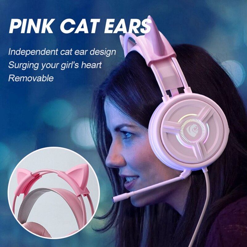 Pink Cat Ear Wired Headset With Foldable Microphone Headset Gaming Headset Desktop Laptop Gaming Headset
