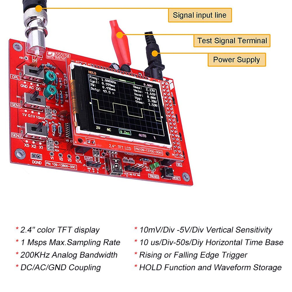 Fully Assembled Digital Oscilloscope 2.4" TFT LCD Display with Alligator Probe Test Clip Transparent Acrylic Case
