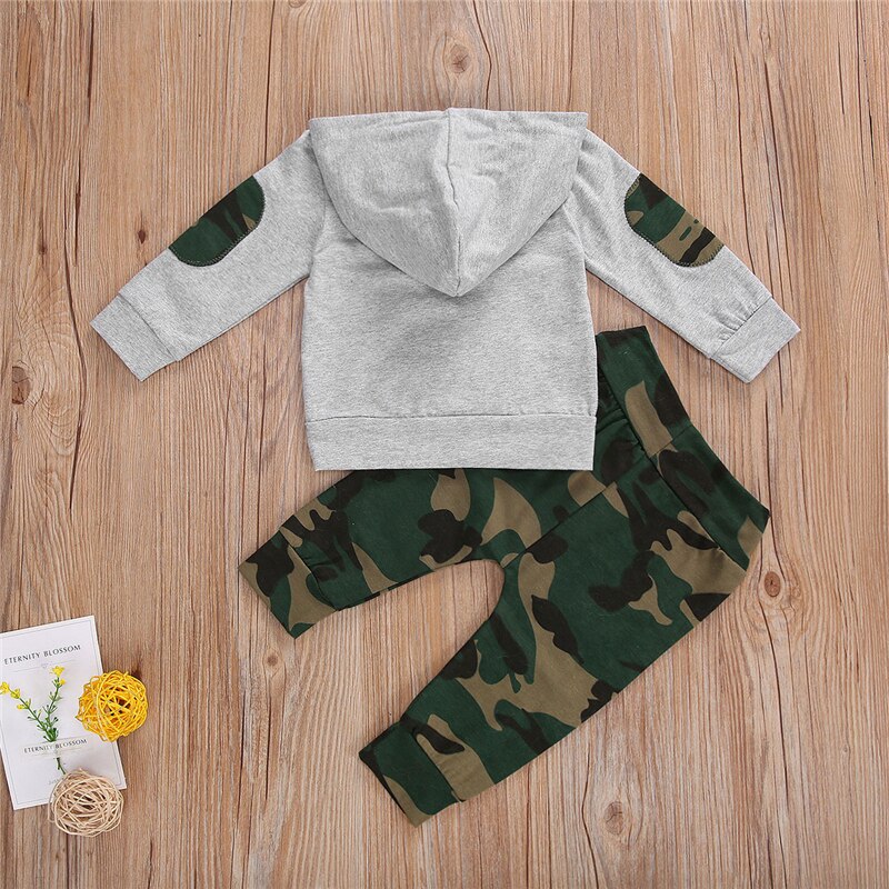 Babykläder Set för Pojkar - Kamouflageprint Huvtröja Långärmad Pullover Topp + Byxor 2-delat
