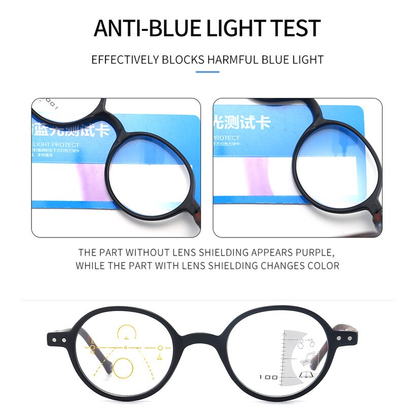 Anti Blue Ray Reading Glasses Round Frame Black Progressive Multifocal Presbyopic Glasses Plastic Eyewear Far and Near