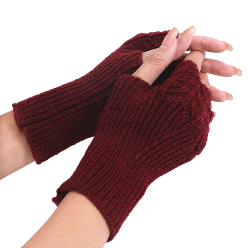 Luvas femininas furadas sem dedos e malha, luva de dedo em escala de peixe, design de cor sólida, aquecedores de braço para meio dedo: Wine Red