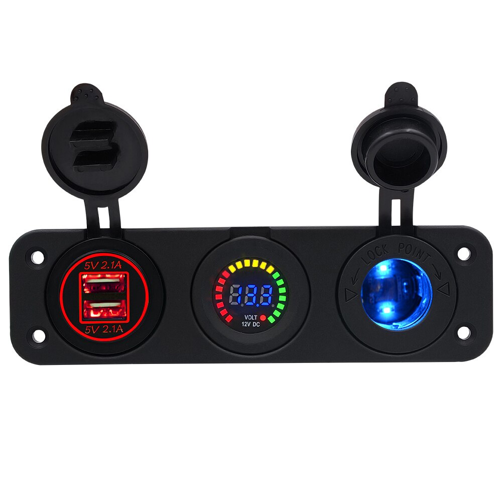 Auto Ladegerät Motorrad Stecker Dual USB Adapter + 12V/24V Zigarette Leichter Buchse Blau LED + Digital Voltmeter CY675-CN: rot