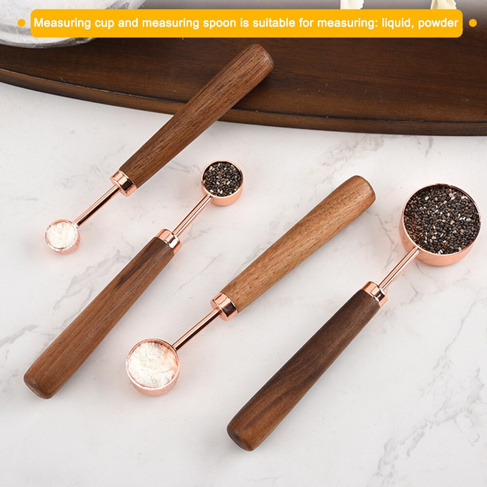 4pcs Household Kitchen Dining Bar Baking Tools Walnut Wooden Handle Copper Plating Measuring Cups Spoon Cake Sugar Tools Set