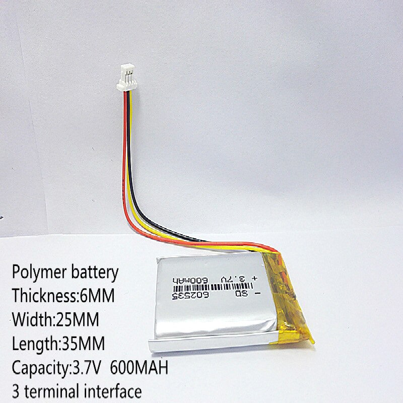 3 line 3.7V thium polymer battery 602535 600MAH Liter energy battery the video recorder 388