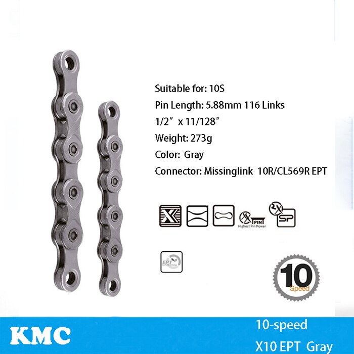KMC Bicycle Chain X8 X9 X9sl X10 X10sl X11SL X12 Bike Chain For Shimano/SRAM 8 9 10 11 12 speed 116L MTB Road Cycing Chains part: X10 EPT gray