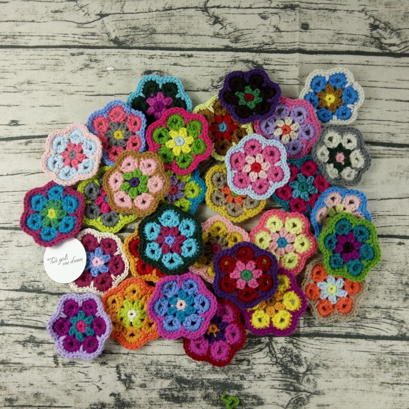 Dekoration virkade handdukar handgjorda virkade koppmattor flerfärgade blommor underlägg runda mattor 8cm ullkläder patch 30 st/