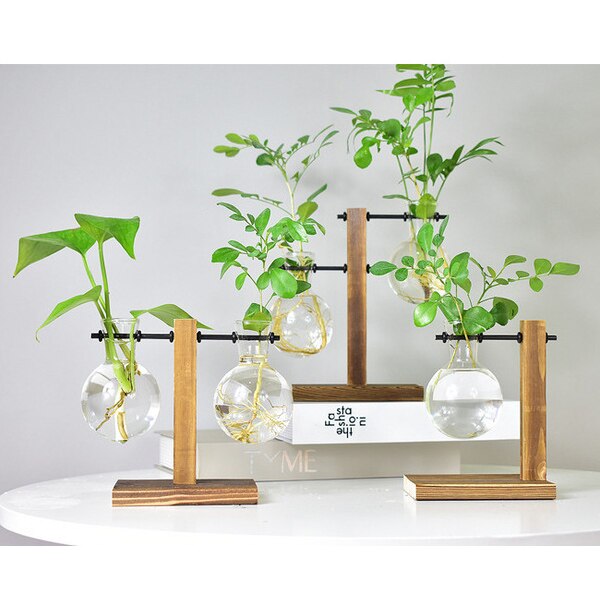 Lámpara de mesa para escritorio, jarrón hidropónico de cristal, olla con bandeja de madera para plantas, decoración de oficina, I88