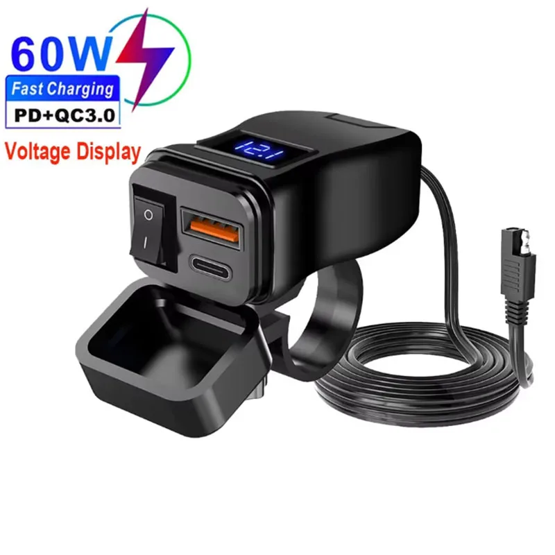 60W motorfiets USB snellader PD QC3.0 voedingsadapter stuur dubbele USB-aansluiting waterdicht met schakelaar voltmeter: zwart