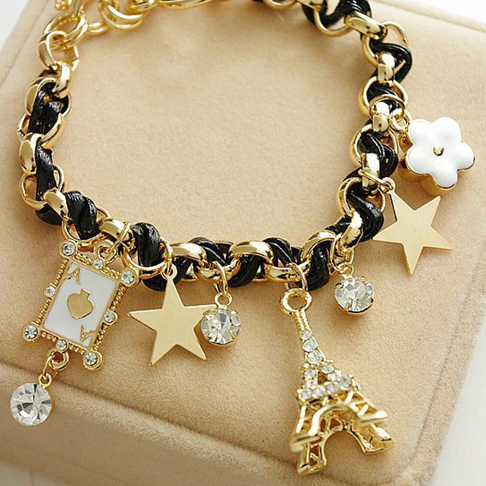 Women Flowers Bracelet chain Star Heart Paris Eiffel Tower Crown Poker Cute Bangle Leather Rope Chain Jewelery