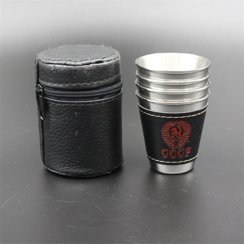 4 Stks/partij 70Ml Travel Cups Set Metalen Bekers Voor Wijn Bier Whiskey Mokken Outdoor Camping Servies Met Zwarte Pu lederen