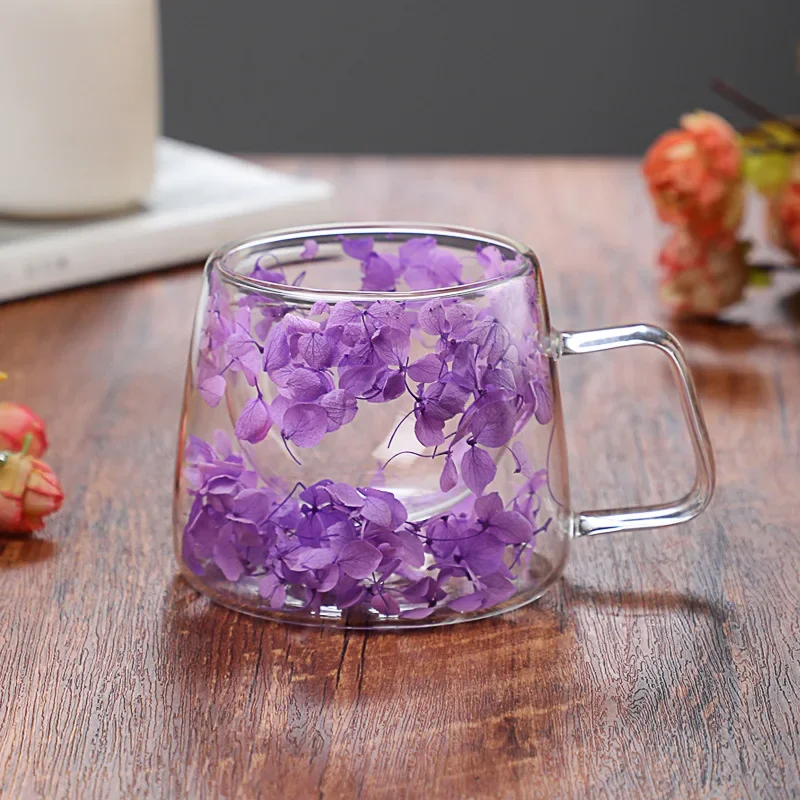 Transparent Glass Heat Insulation 200ML Coffee Cup with Handle Double Wall Dry Flowers Style High Temperature Juice Milk Mug: green