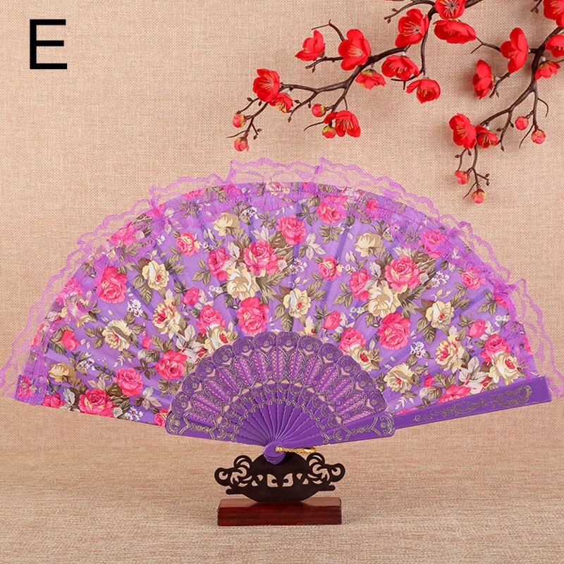 Vintage Flower Pattern Folding Fans Bronzing Wood Silk Plastic Hand Fans With Lace Ribbon Edge Dance Wedding Party Prop: E