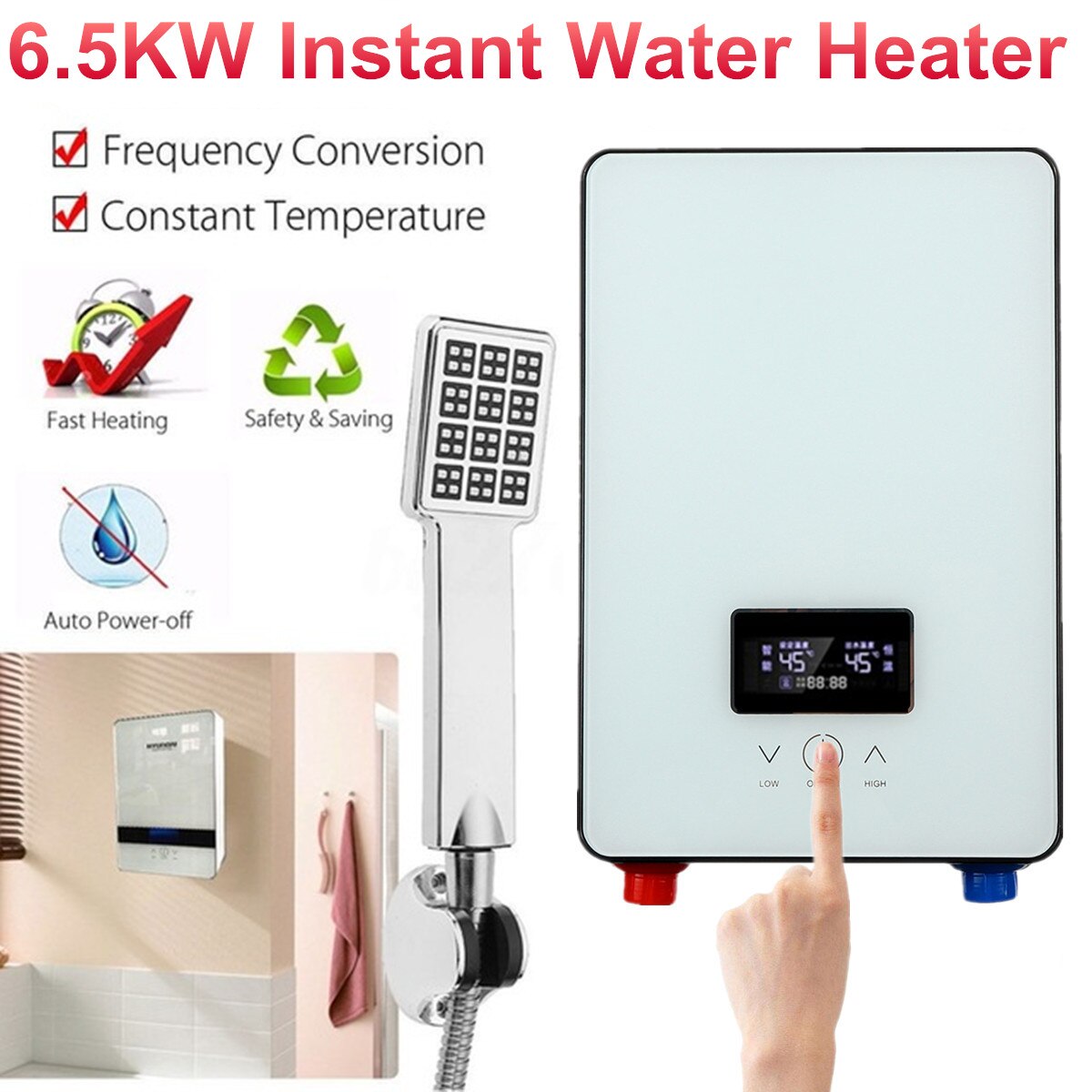 6500W Instant Water Heater 220V Bathroom Tankless Electric Water Heater Self-checking LCD Digital Display White Thermostat