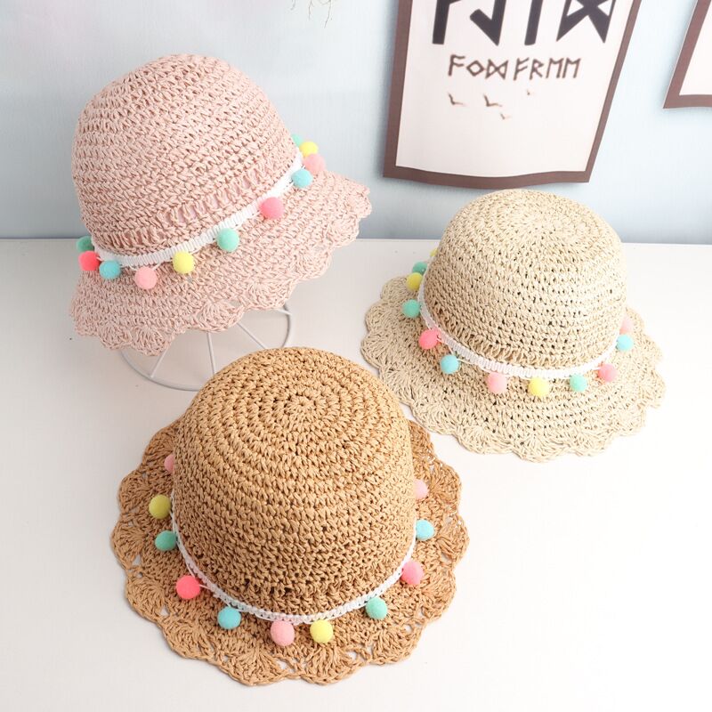 Summer Children Handmade straw hat Wide Brim Cute little Balls Sun Hat 2-6 old years Children's Travel Beach Hat