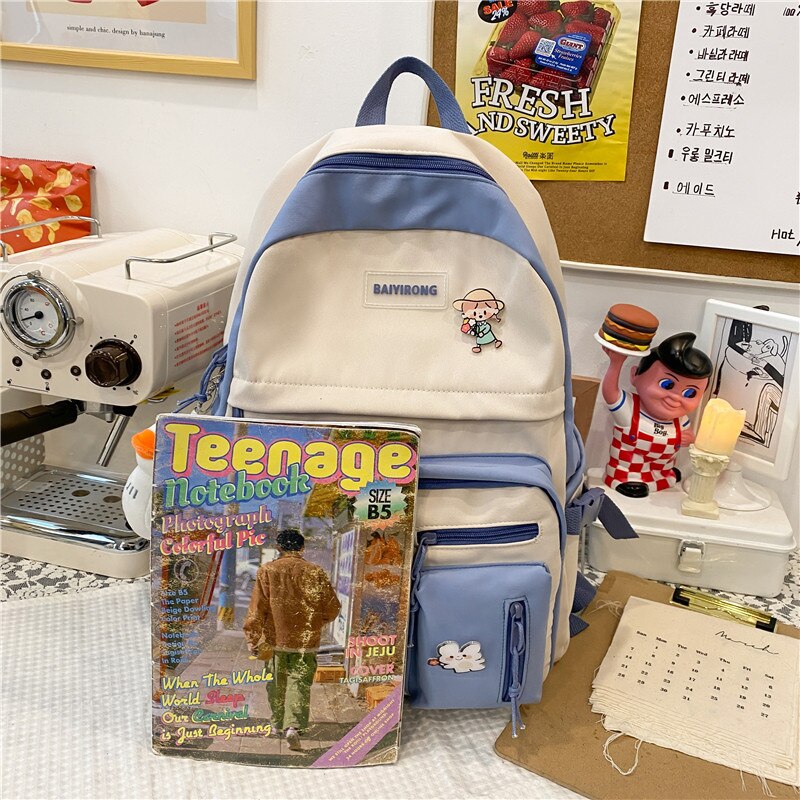 Kawaii Multi-pocket Women Backpack Female Waterproof Nylon Travel Bag College Girl Schoolbag Contrast Color Laptop Backpack