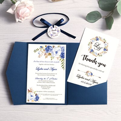 1pc Wedding Invitation Navy Blue Pocket Burgundy Greeting Card with Envelope Party With Ribbon and Tag: DH0001BU