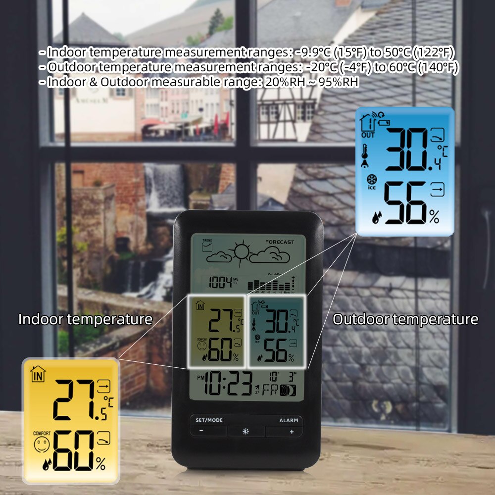 FanJu Digital Alarm Clock Weather Station Temperature Humidity Meter Barometor with Wireless Outdoor Sensor FJ3395D