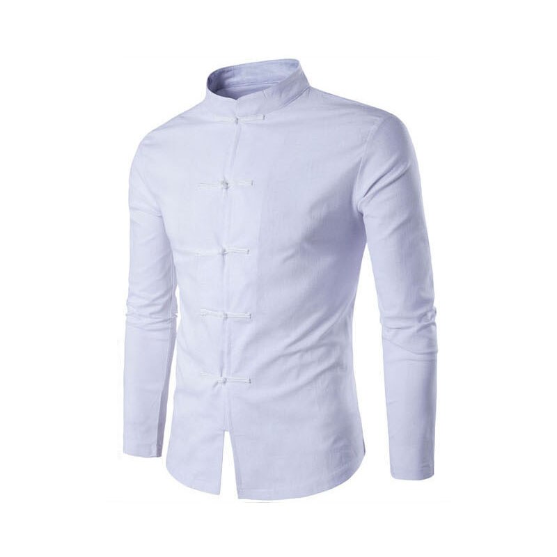 Tang dragt afslappet solid mandarin krave langærmet linned skjorte mænd slim fit social kjole skjorte hvid sort: Hvid bluse / Asiatiske xxl