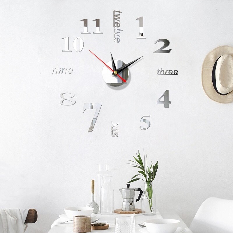 Klok horloge 3d diy acryl spiegel wand digitale klok stickers muurdecoratie woonkamer muur ornament huisdecoratie: Zilver