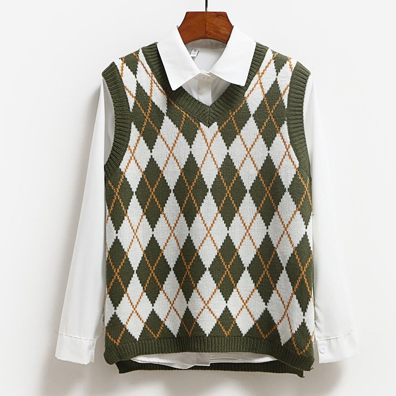 Muyogrt Vintage Argyle Sweater Vest Casual Tank Tops Pullover Elasticity Sweater Autumn Women Sleeveless V-Neck Knitted Vest: Green / M