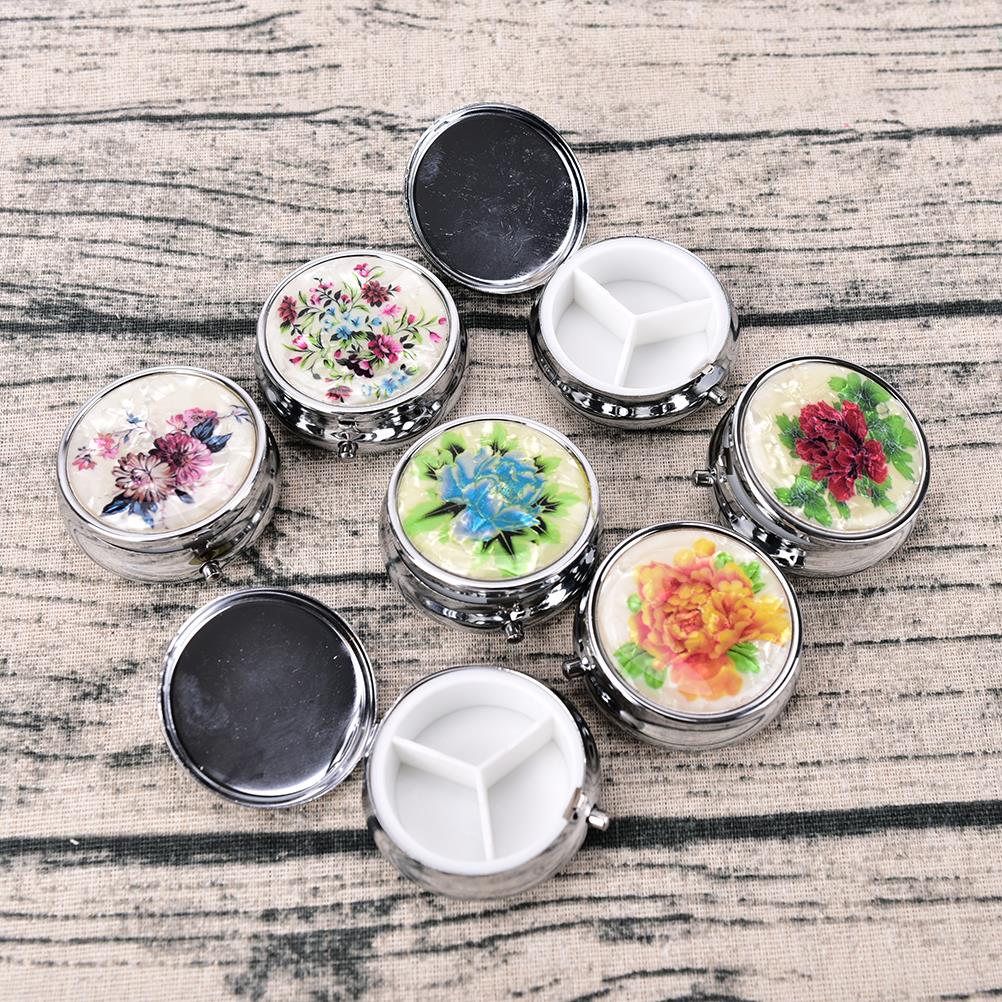 1PCS Portable Metal Round Flower Print Organizer Cute Compartment Pill Case Storage Tablet Container Medicine Box: Transparent