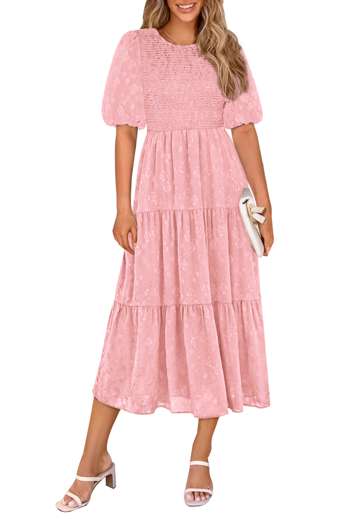 Naisten sifonkimekot, kesäiset rennot vyötärö- ja nilkkamekot, lyhythihaiset, pyöreä kaula-aukkoiset, pitkät, yksiriviset mekot: L / Vaaleanpunainen