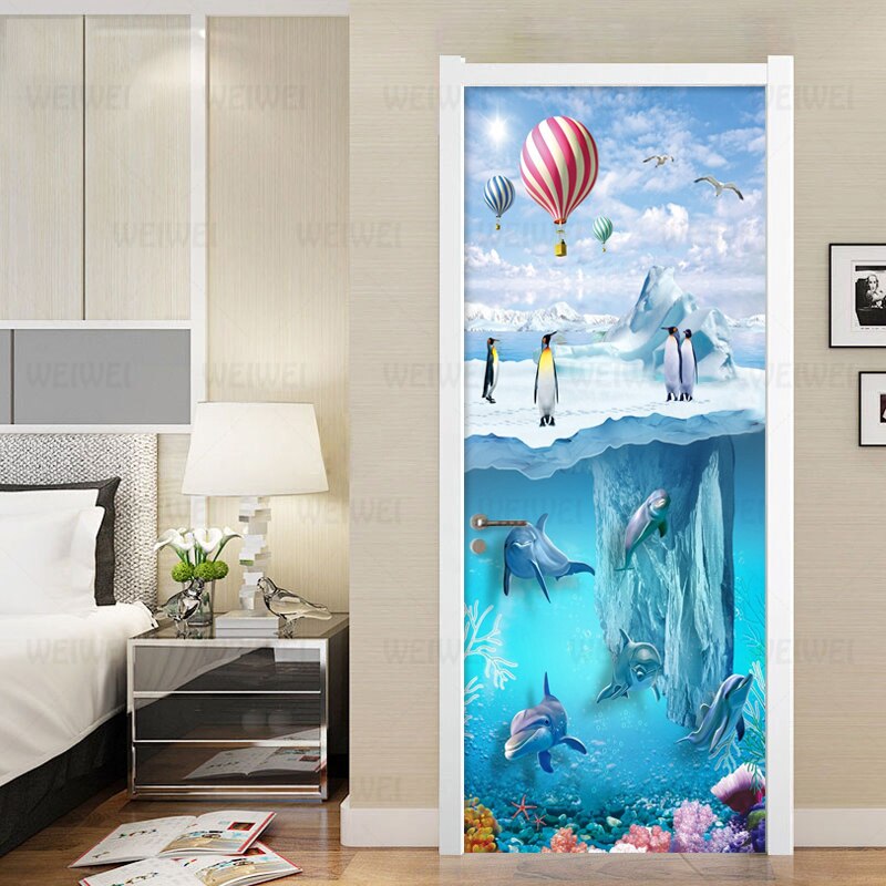 PVC Self Adhesive Waterproof Photo Wall Mural Door Sticker Wallpaper 3D Iceberg Penguin Dolphins Children's Bedroom Wallpaper 3D