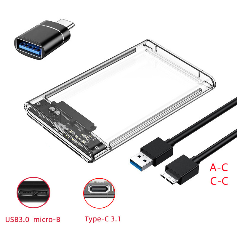 Caja HDD SSD de 2,5 pulgadas SATA a USB 3,0/Tipo C carcasa de disco duro externo transparente sin herramientas compatible con UASP SATA III para ordenador portátil