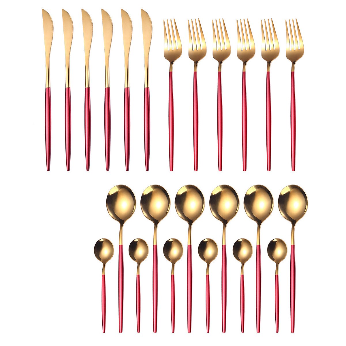 24Pcs Cutlery Set Kitchen Tools Gold Dinnerware Set Stainless Steel Knife Fork Spoon Tableware Set Home Table Decoration Gold: Red Gold-24PCS
