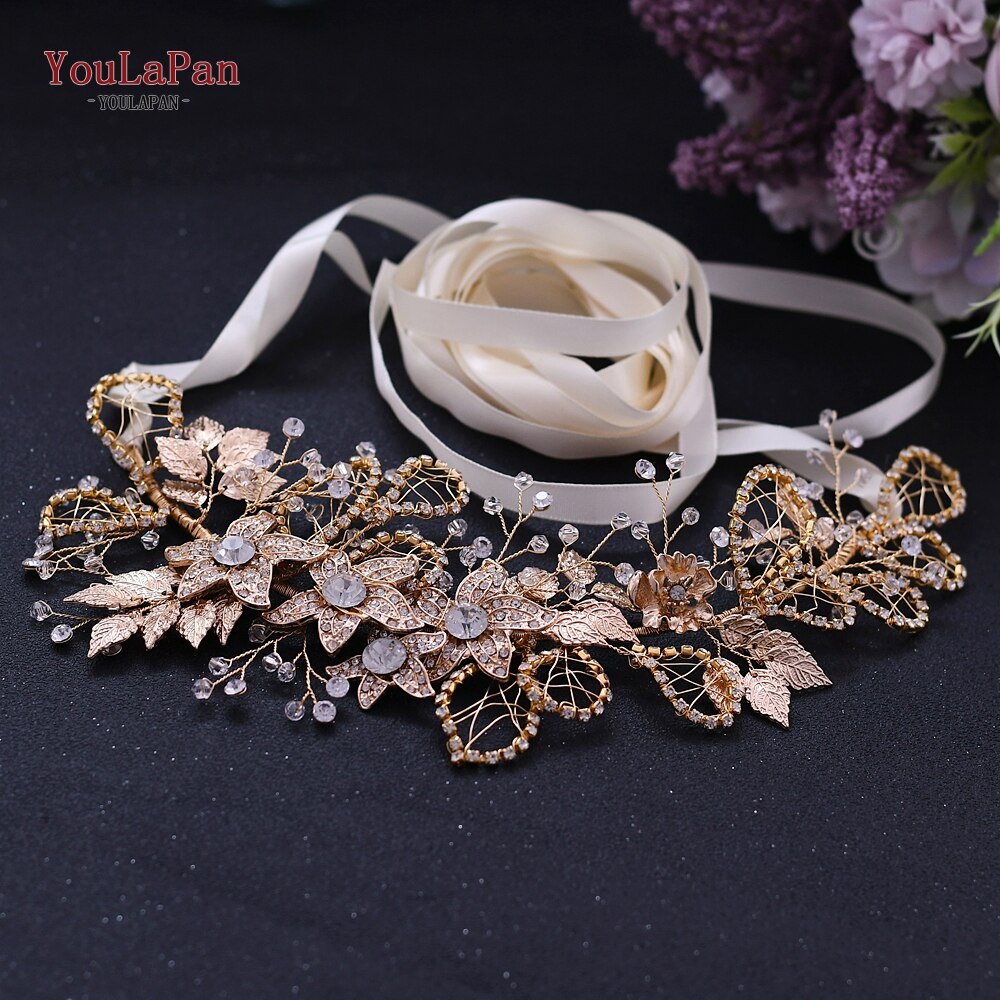 YouLaPan, cinturón Floral con diamantes de imitación, cinturón dorado para mujer, cinturón brillante, cinturones de boda para señora, cinturón nupcial con flores doradas SH282: Ivory ribbon