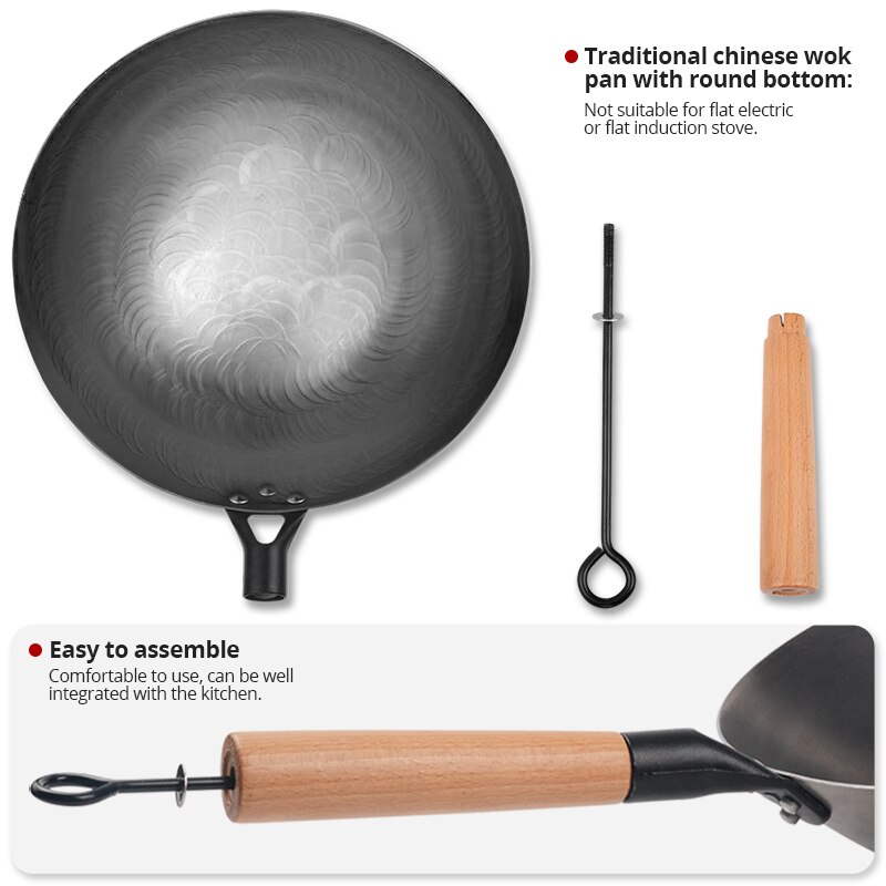 Chinese Wok Uncoated Non-stick Wok Steak and Egg Frying Pan Removable Wooden Handle Dishwasher Completely Kitchen Cookware