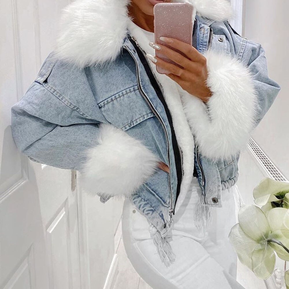 Höst vinter kvinnor jacka varm fuskpäls korta jeansjackor damer plus storlek 3xl denim outwear tjockna kläder: Xl