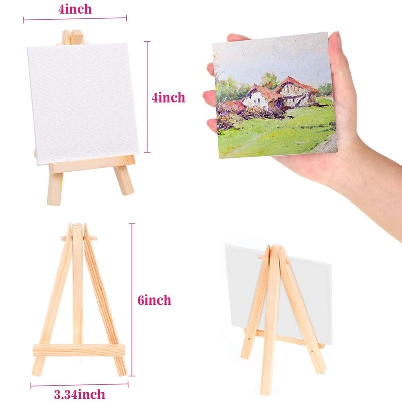 Set Di 12 Mini Tele E Cavalletti Da 5 Pollici In Legno - Artisti Mini Canvas 3x3 Pollici Per Pittura, Artigianato E Decorazioni