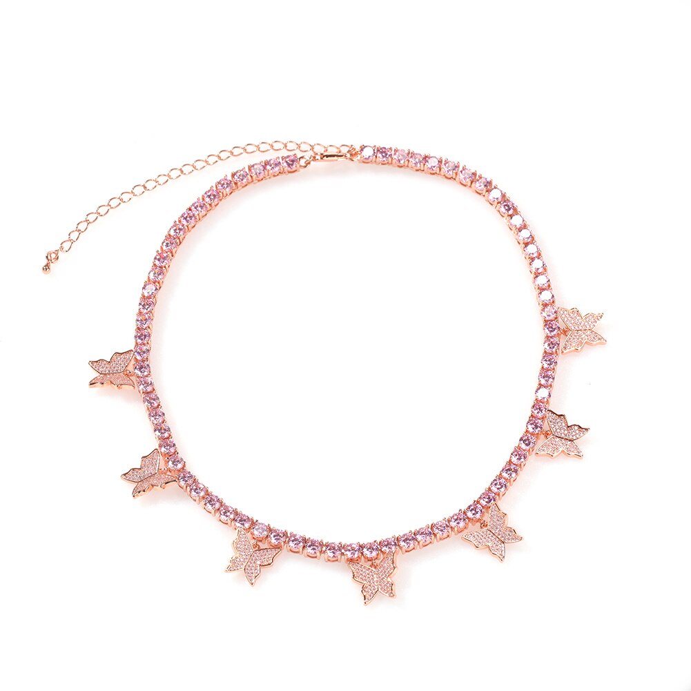 sterben BLING KÖNIG Frauen 5mm CZ Tennis Kette 1 Reihe 7 Stck Schmetterling Rosa & Silber Farbe Luxus Verlängerung kette Schmuck