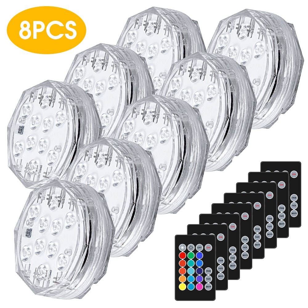 10Led RGB Remote Control Underwater Lights Waterproof Swim Pool Light Submersible Light Decorative Night Lamp Pool Equipment: 8Pcs