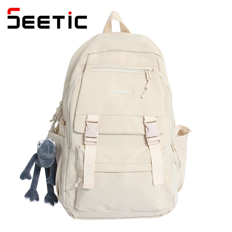 SEETIC Wasserdicht Schule Rucksack Mehrere Taschen Rucksack Weibliche Nylon Anti-Diebstahl Rucksack Frauen Einfarbig Rucksack: Weiß Rucksack