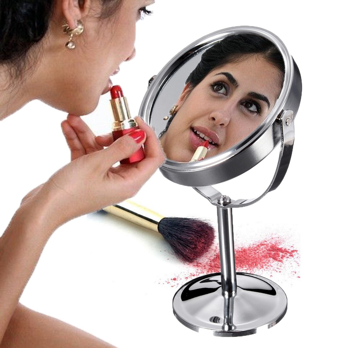 Metal Magnifying Cosmetic Mirror Double Sided Lady Table Desk Standing Dresser Make Up Mirror Round Desktop Rotating Mirror