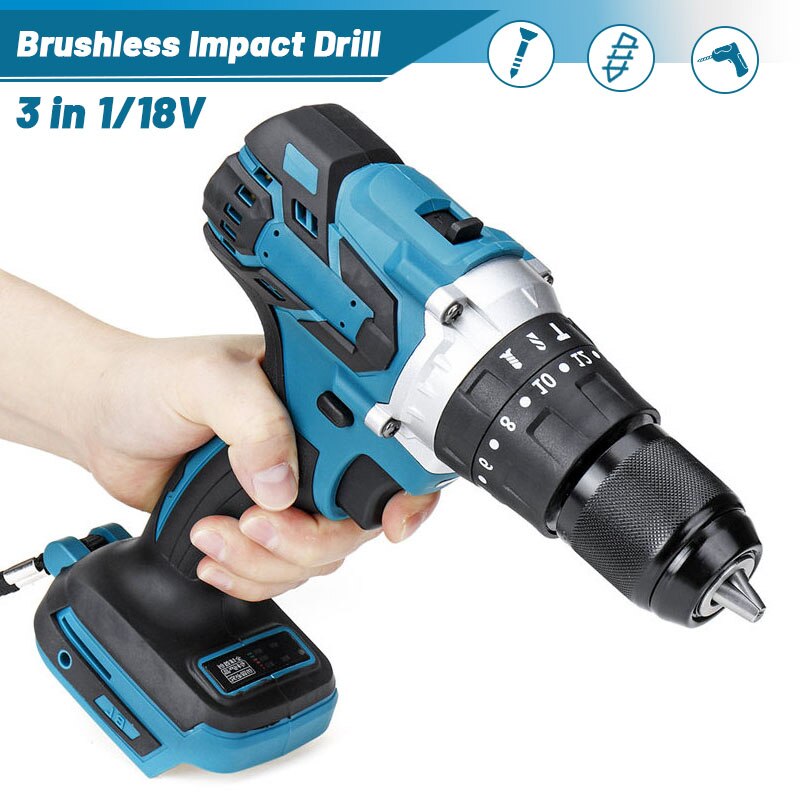 18V 3 In 1 Borstelloze Elektrische Hamer Boor Elektrische Schroevendraaier 13Mm 20 + 3 Koppel Draadloze Klopboormachine voor Makita 18V Batterij