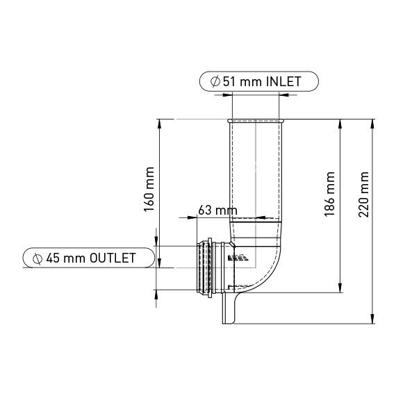 Ø50x90° CONCEALED CISTERN CLEAN WATER ELBOW 220 mm