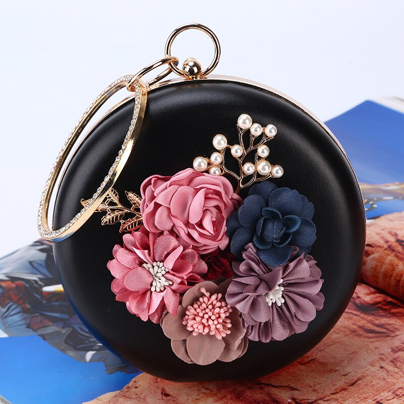 Sac de soirée circulaire, portefeuille de fête de luxe, organisateur de fleurs, pochettes, Mini porte-monnaie de mariage, LS0020: Black