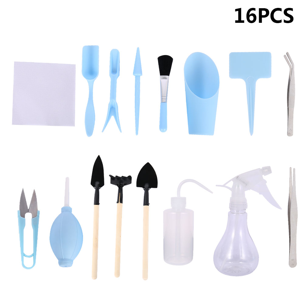 Succulent Planten Gereedschap 16Pcs Mini Tuin Hand Tool Schop Spade Hark Pincet Ketel Succulenten Planten Bonsai Gereedschap: Blauw