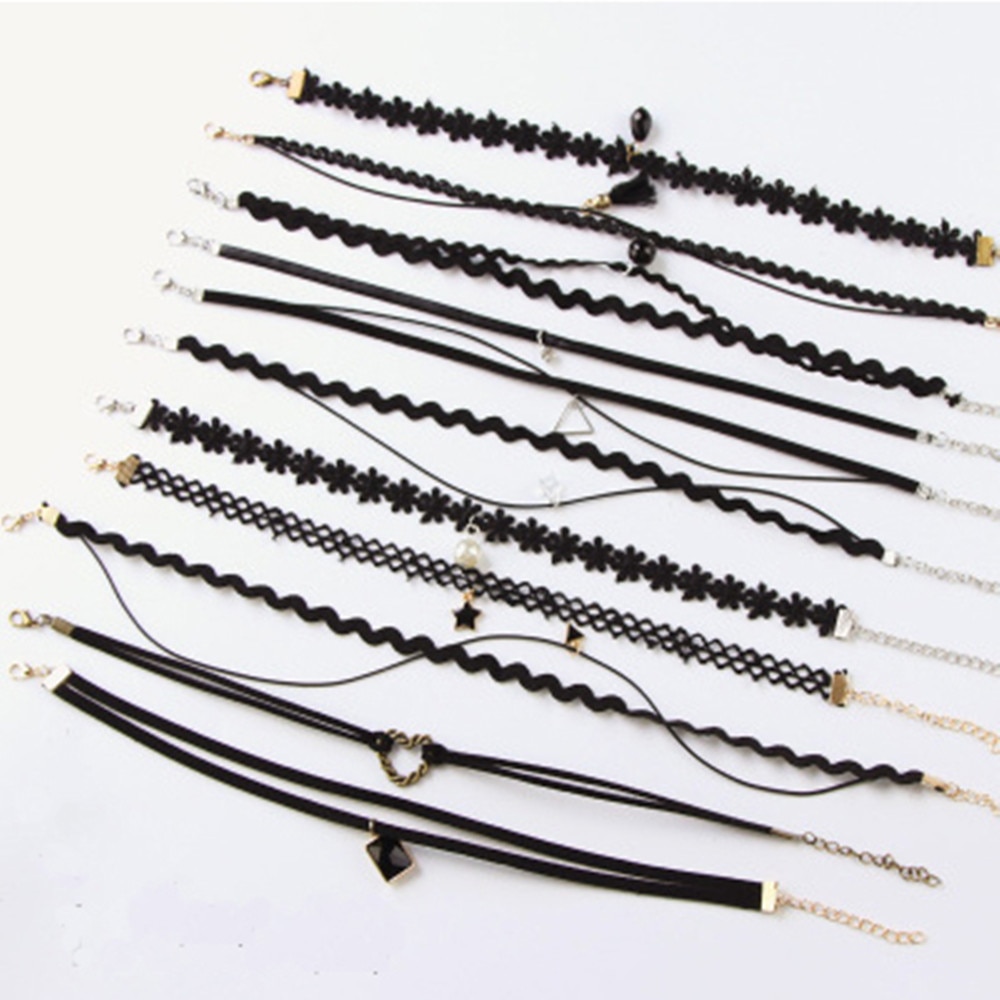 METOO 11pcs Dei Monili Delle Ragazze per I Bambini Nero Della Collana Multi Strato di Pizzo Catene Choker Della Collana Per Bambini Gotico Stretch Gioielli Bambino