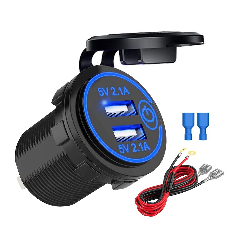 Dobbelt usb-opladerstik 12v/24v usb-udtag vandtæt 4.2a dobbeltopladerstik med touch-kontakt til bilbåd marine motorcykel: Blå med kabel