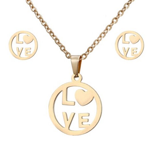 Rinhoo animal horse dragonfly Elephant Pendant necklace Earrings set Women Gold color Stainless Steel jewelry Set: Love