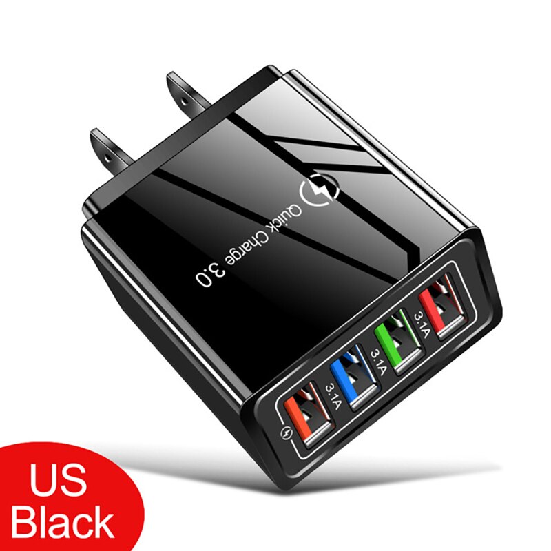 4 portas de carga rápida 3.0 usb carregador eua/ue plug carregador de parede para iphone huawei samsung xiaomi: US Black 4USB
