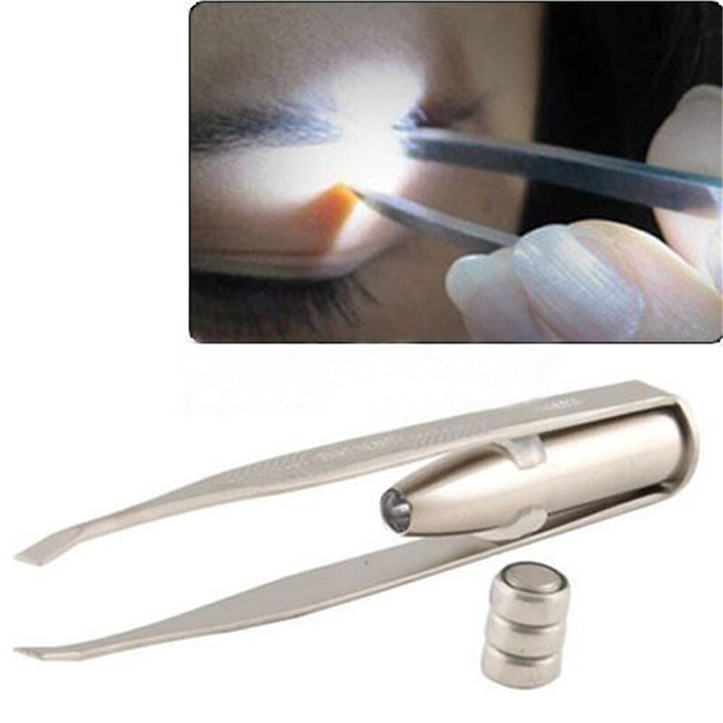 Eyebrow Tweezers Beauty Slanted Stainless Steel Tweezer LED Light Eyebrow Clip Eyelash Make Up Tool Send Battery